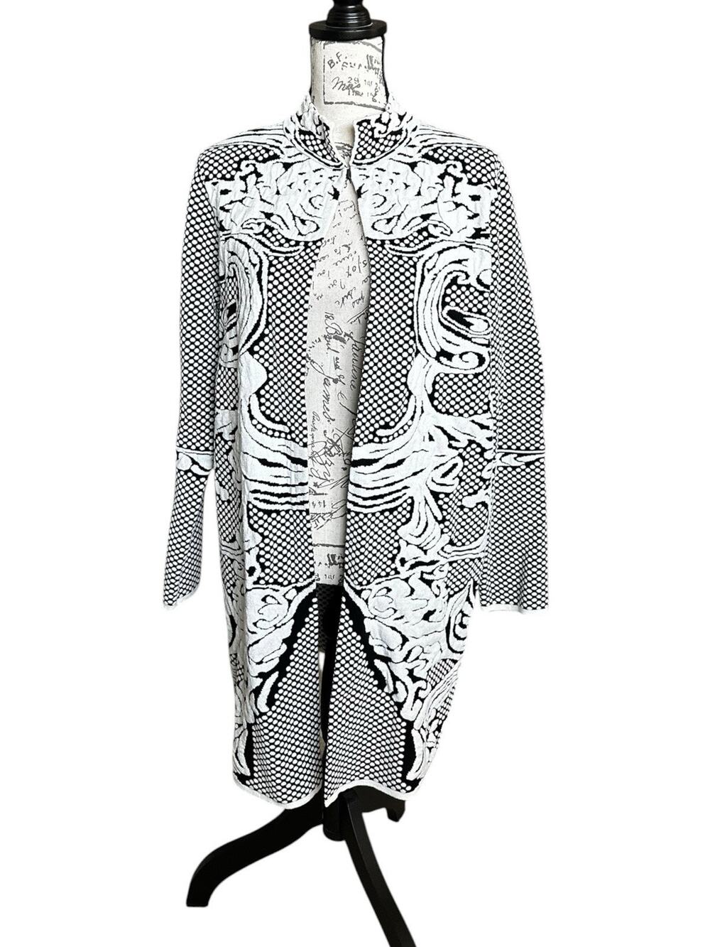 Chico's 2 US Large Collarless Black White Paisley Polka Dot Knit Midi Cardigan